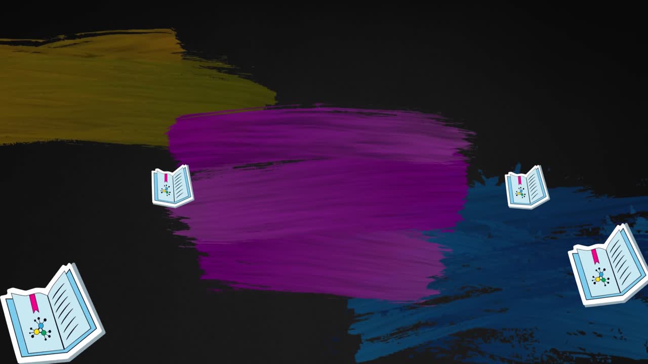 복사 공간과 함께 페인트 브러쉬 스트로크 위에 여러 과학 교과서 아이콘의 애니메이션