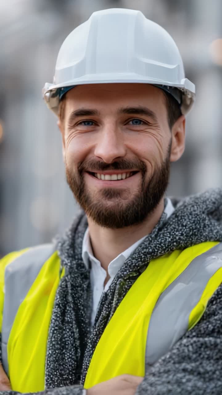 Un operaio edile sicuro di sé con cappello e gilet di sicurezza sorride in un cantiere, irradiando professionalità e ottimismo per un'impresa di successo imminente