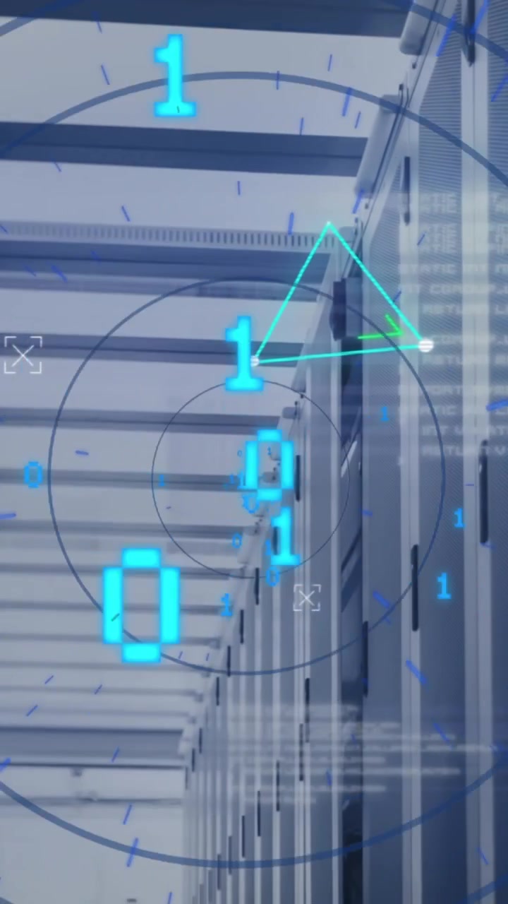Animation of binary codes over circles and connected dots forming shape against server room