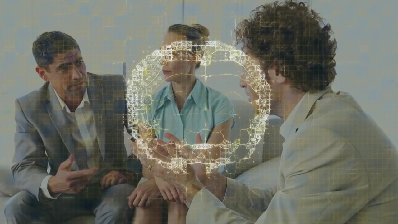 Animation of human brain and data processing over diverse business people in office