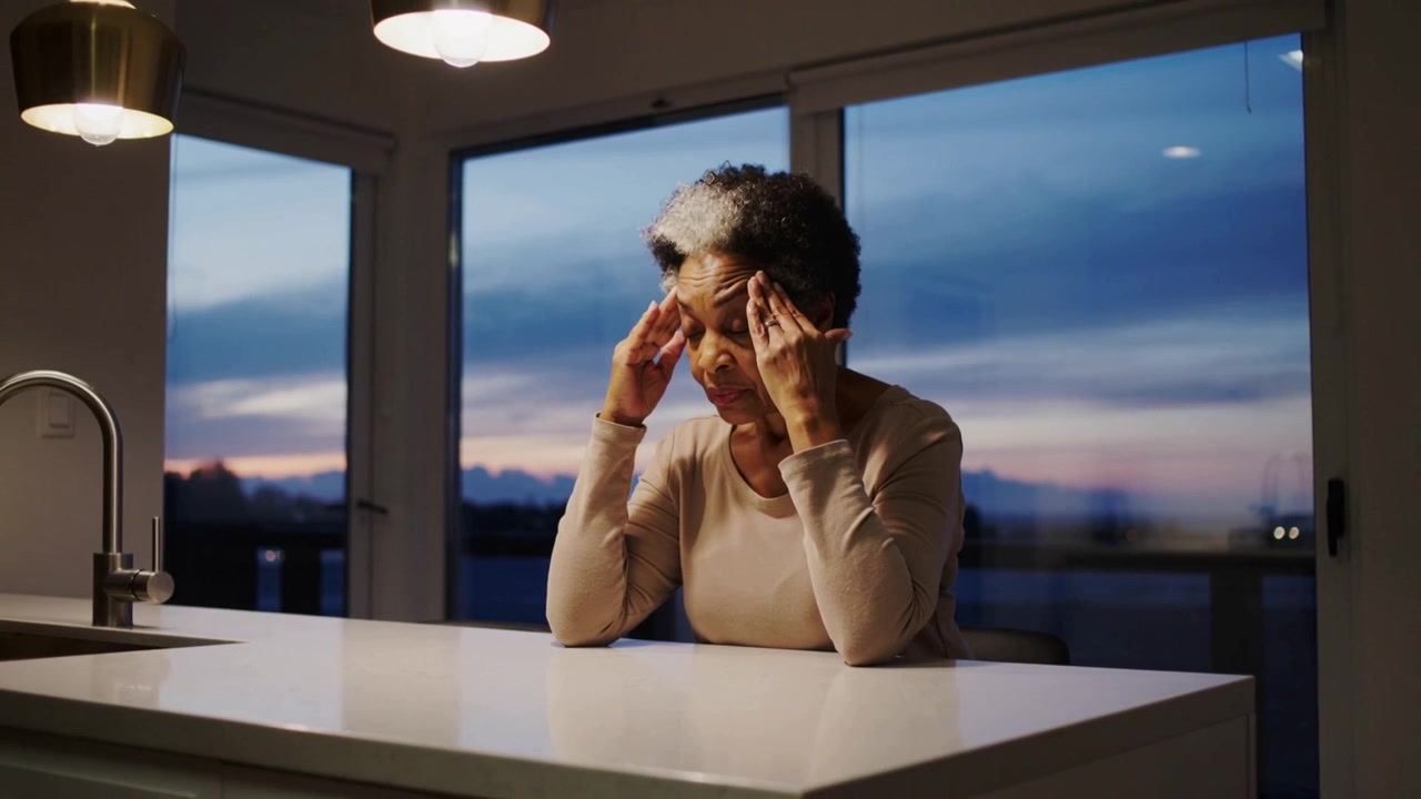 Massaging senior woman pressing temples after headache at kitchen island at dusk, wearing beige top