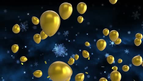 Animation-of-confetti-falling,-snowflakes-and-gold-balloons-flying-on-black-background