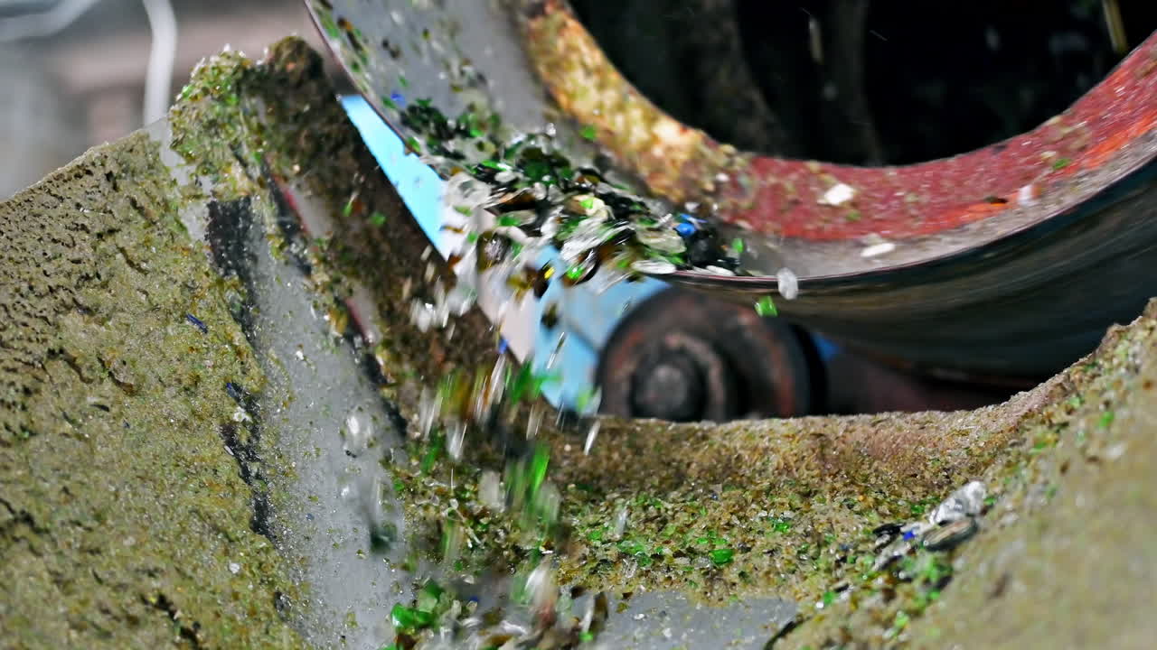 Process of sorting glass garbage at waste sorting plant. Slow motion