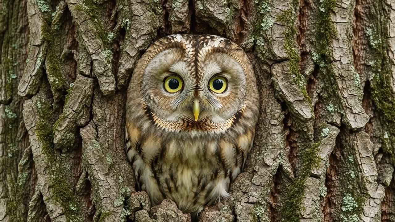 Captivating Hideaway: An Enigmatic Owl Nestled in the Textured Bark of a Tree, Showcasing Stunning Plumage and Intense Yellow Eyes