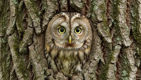 captivating hideaway: an enigmatic owl nestled in the textured bark of a tree, showcasing stunning plumage and intense yellow eyes
