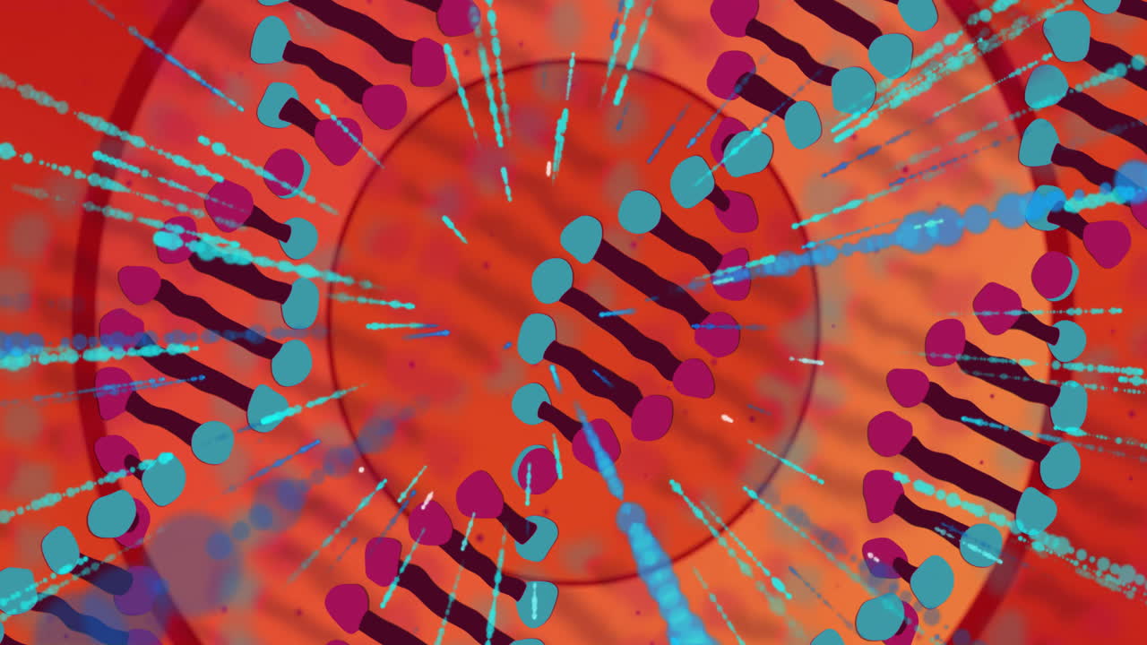 Abstract molecular assembly spinning in scene, radiating cyan streaks over red-orange gradient