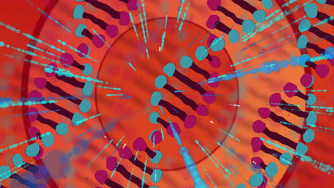 abstract molecular assembly spinning in scene, radiating cyan streaks over red-orange gradient