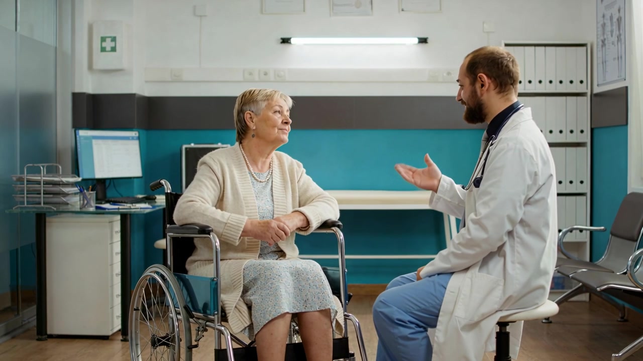 Doktor v laboratorním plášti vysvětluje, pacient na invalidním vozíku poslouchá a přikyvuje v ordinaci se stetoskopem.