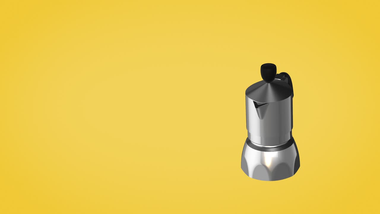 la cafetera de moka es una animación 3d de color plateado, fondo amarillo.