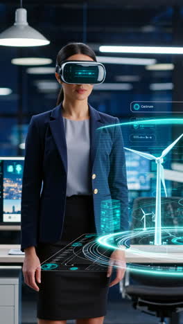 woman using vr headset to explore renewable energy data and wind turbines