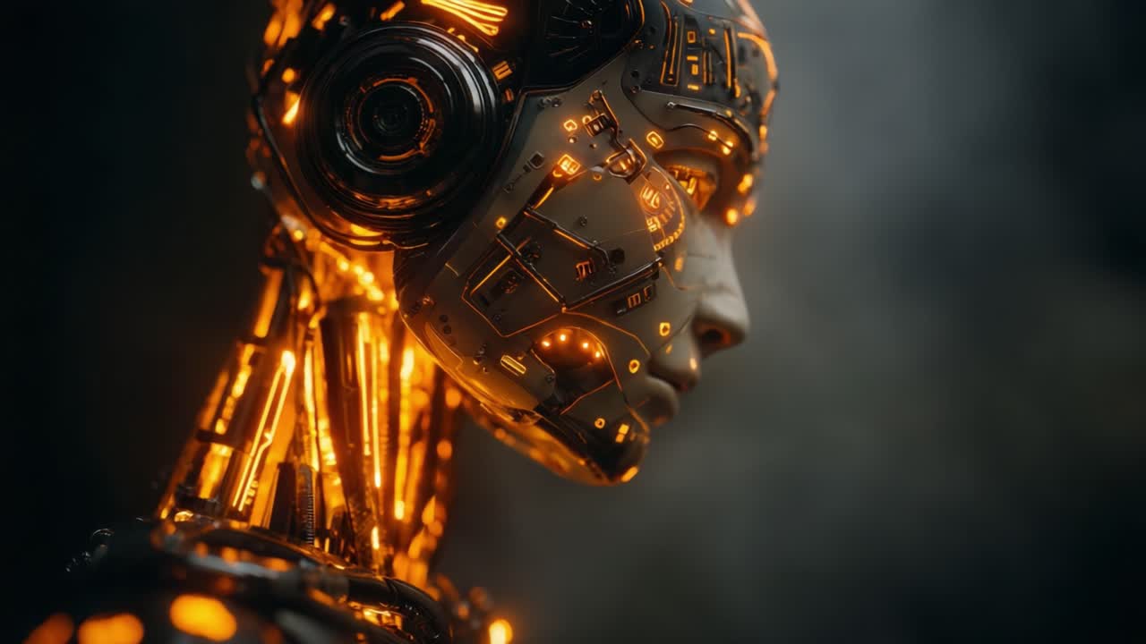 A mesmerizing robotic figure with intricate circuitry and glowing elements, showcasing the fusion of technology and artistry in a futuristic landscape filled with illumination