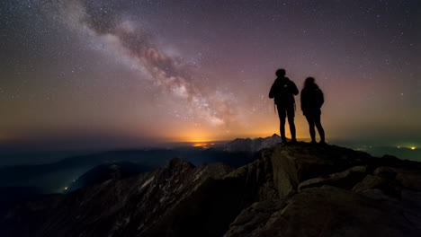 people stargazing on a mountain peak under the milky way