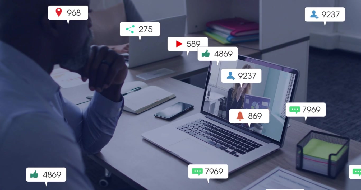 Man Watching Online Business Presentation with Social Media Engagement