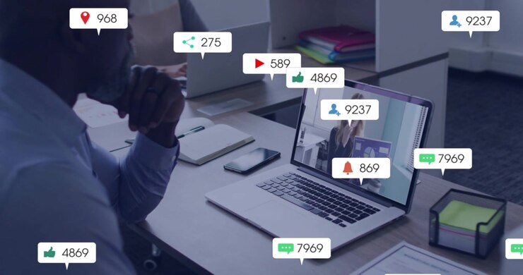 Man Watching Online Business Presentation with Social Media Engagement
