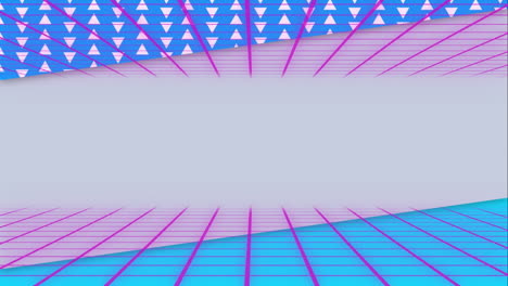Animation of pink grid over pink and blue with white triangles on blue and central grey space