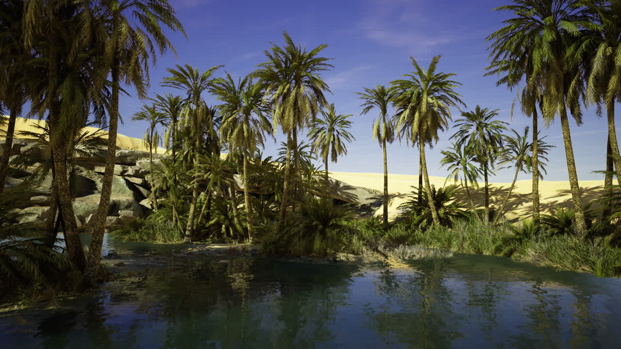 Oasis nestled among palm trees in a vibrant desert landscape