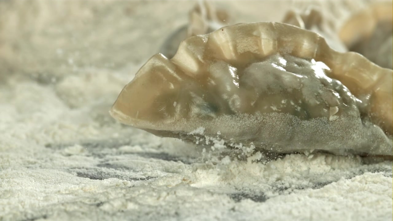 Raw Dumpling Falling into Flour in Slow Motion