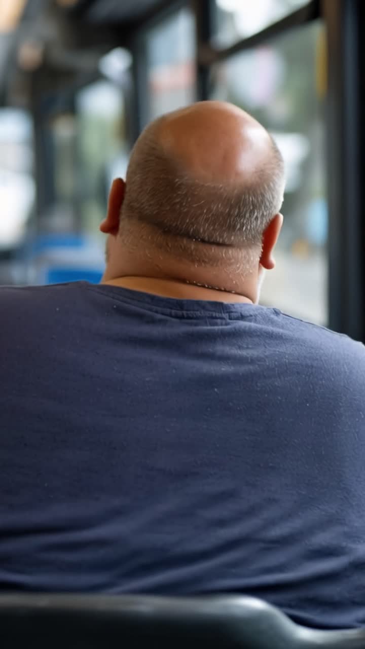 Man sits calmly on public transport. Head slightly bowed, he appears thoughtful. Windows show blurred city movement outside. He wears a plain dark blue shirt. Simple, quiet moment on a crowded street