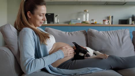 Mujer-Embarazada-Relajándose-Con-Un-Cachorro-En-El-Sofá