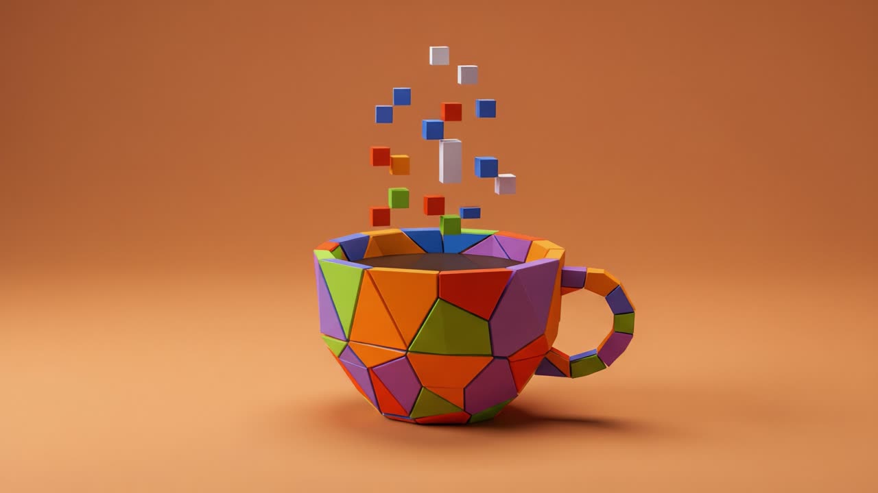 A Vibrant Geometric Cup Transforms with Floating Blocks Above, Showcasing Colorful Design and Creativity in a Captivating Visual Experience