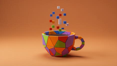 A Vibrant Geometric Cup Transforms with Floating Blocks Above, Showcasing Colorful Design and Creativity in a Captivating Visual Experience