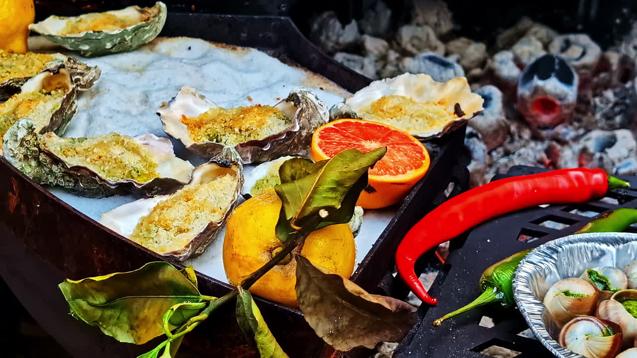 Grilled oysters with citrus and peppers arranged over open flame and hot charcoal