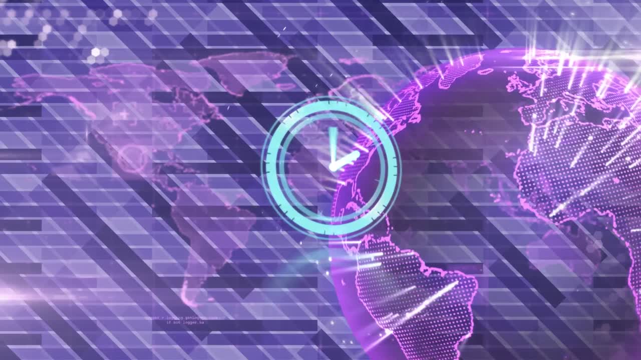 배경에서 회전하는 지구 위에서 빠르게 움직이는 시계의 애니메이션