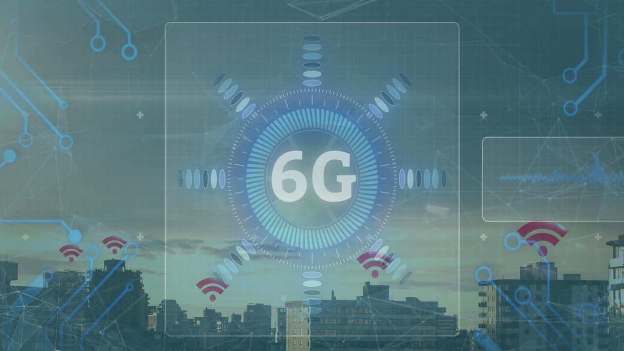 animación de texto de 6g, procesamiento de datos y escaneo de ámbitos en pantallas sobre el paisaje urbano