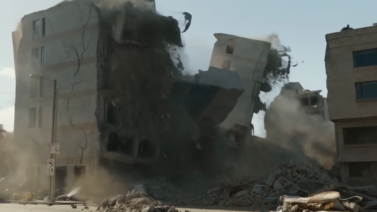 Edifici urbani in cemento che crollano tra polvere e detriti volanti, implosione controllata di un condominio a più piani