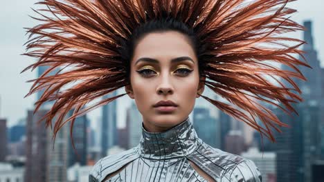stylish model with dramatic hair and striking makeup poses against a contemporary city skyline, showcasing fashion and artistic expression in an urban setting