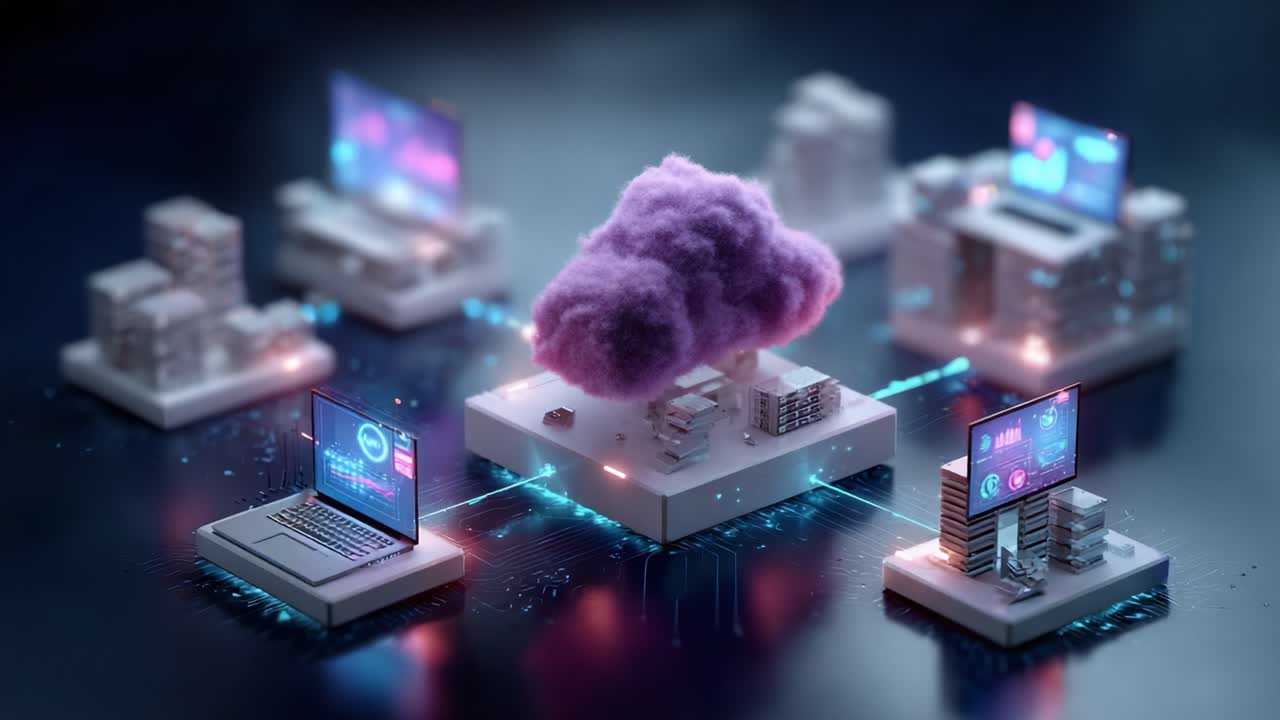 An Advanced Cloud Computing Network Visualization Displaying Multiple Devices and Data Connections in a Digital Environment with a Centralized Cloud Structure