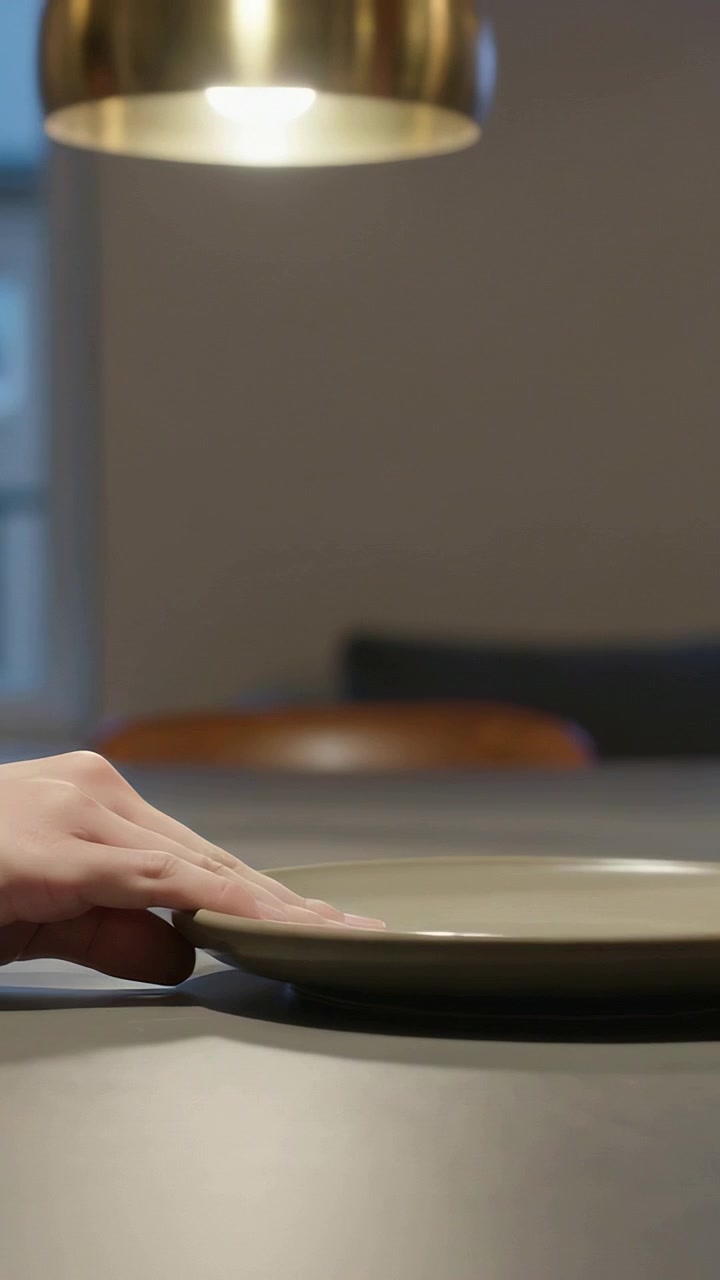 Vertical video: Placing two hands steadying beige plate on dining table under lamp, for dinner
