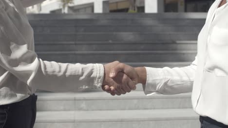 Unrecognizable-businesswomen-standing-outside-and-handshaking