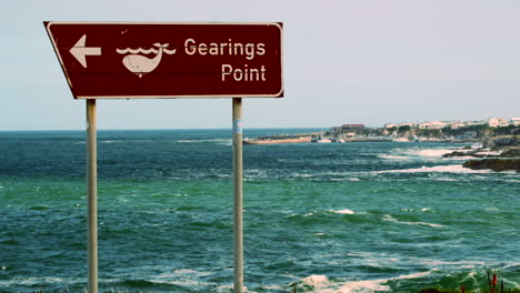 brown tourism sign with whale image shows direction to gearings point, hermanus