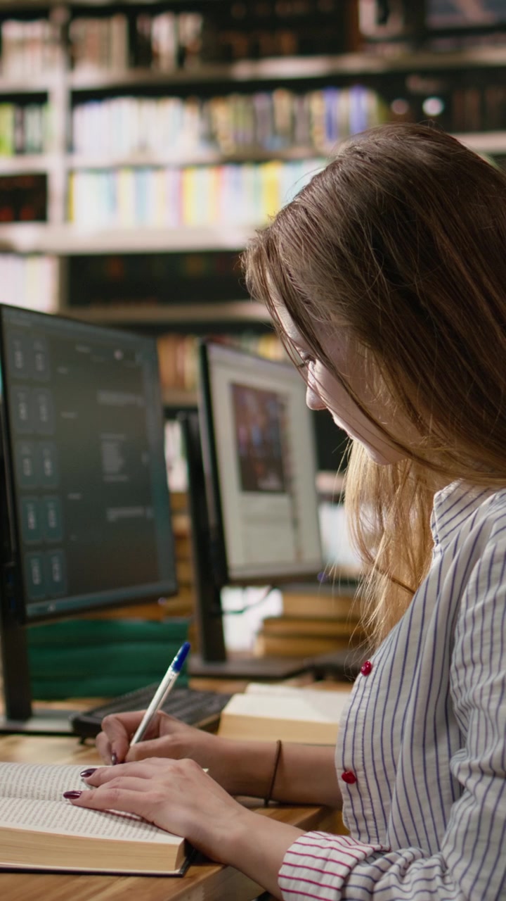 Video verticale: studente che ricerca immagini di cervelli AI su un computer desktop mentre legge libri.