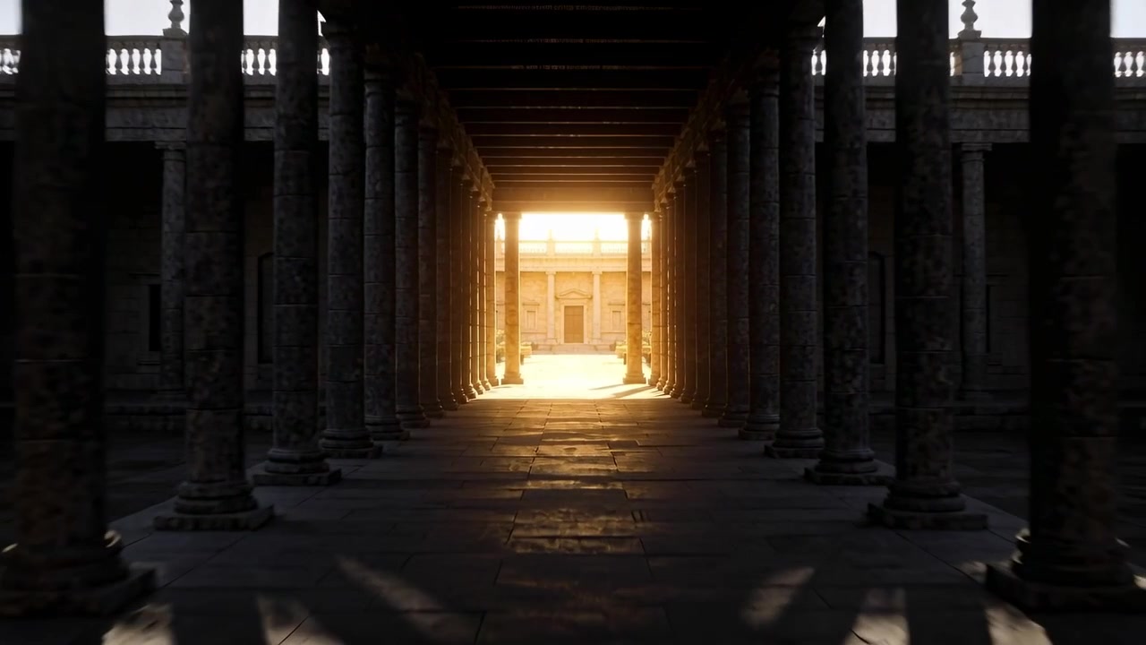 Luce solare che si riversa nel colonnato centrale, rivelando un portale e rendendo leggibili i dettagli della facciata.