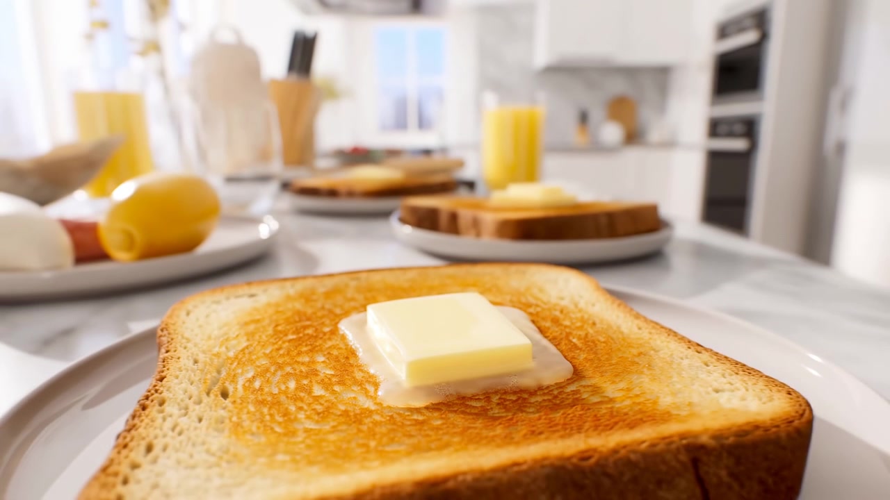 Low-angle close-up shows square butter pat softening on golden toasted bread slice resting on white plate, with glossy surface, softened edges, and melt pool spreading across crisp crust in bright