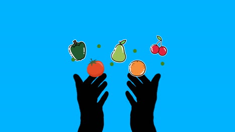 multiple fruits and vegetables icons floating against silhouette of hands on blue background