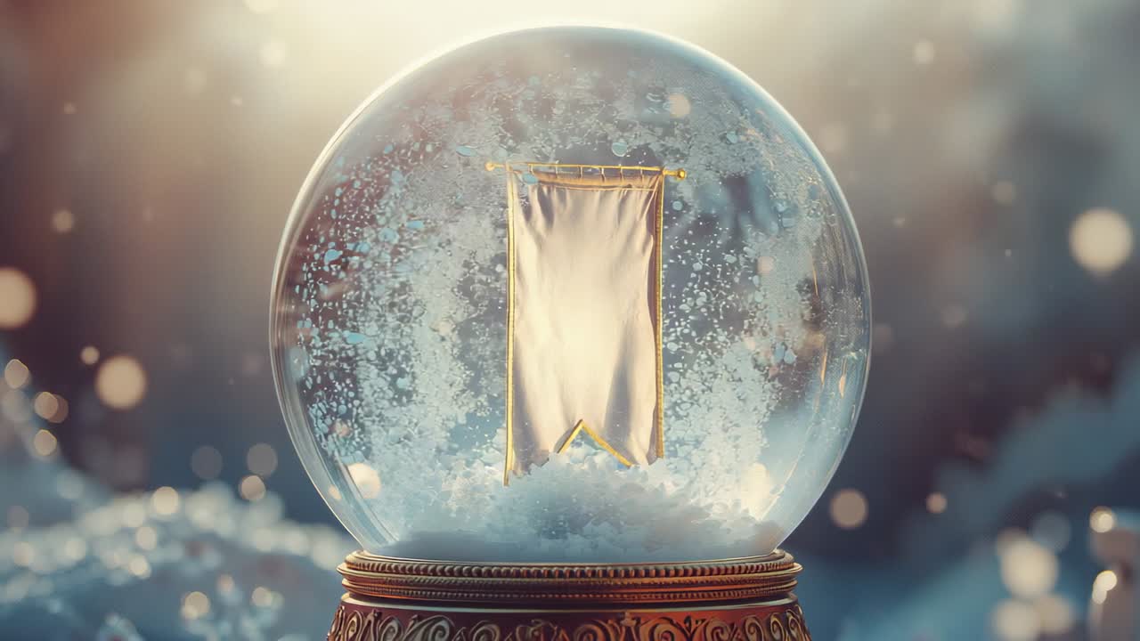 Initially still snowflakes lifting off base, swirling around golden banner inside softly lit globe