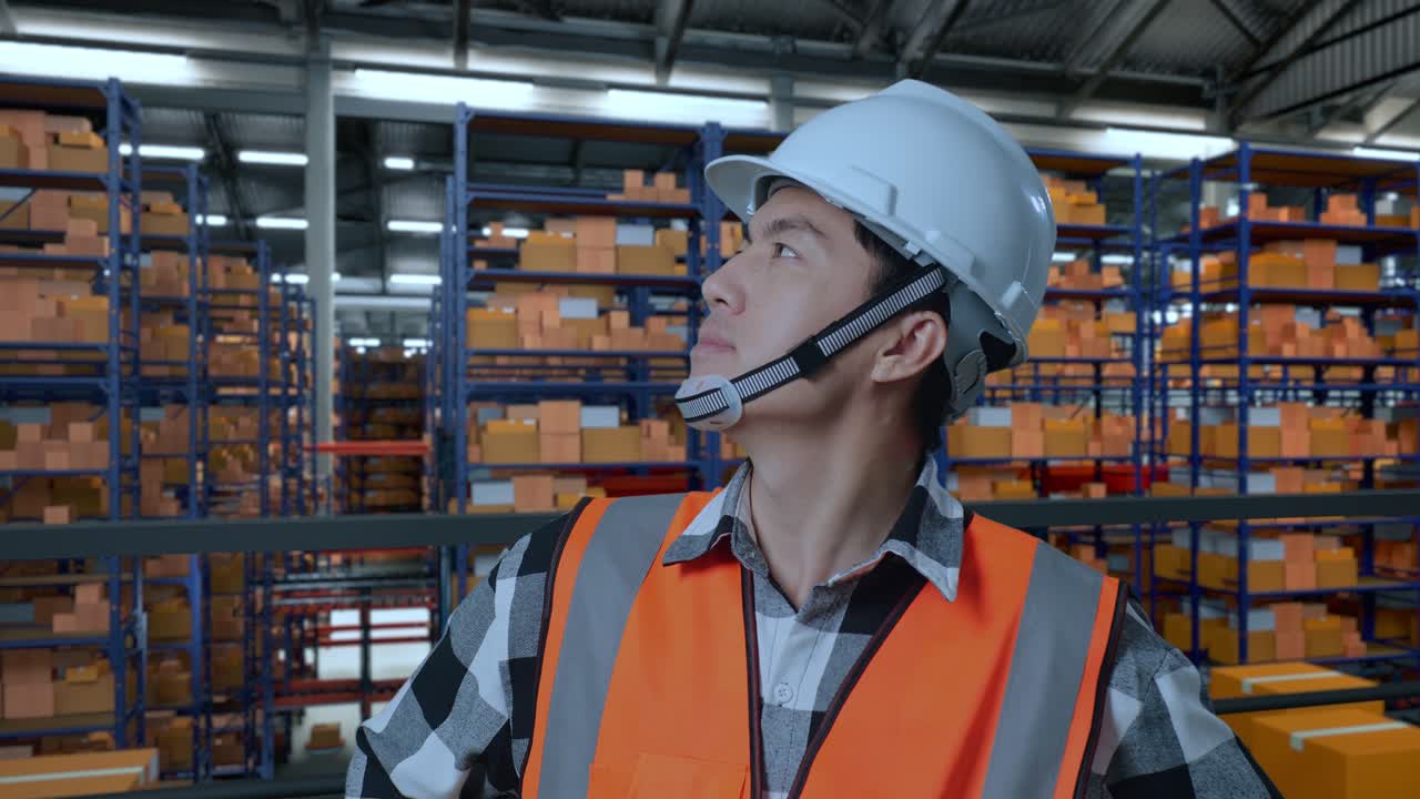 primer plano de un ingeniero asiático con casco de seguridad en el almacén con estantes llenos de mercancías de entrega. de pie con los brazos akimbo mirando a su alrededor, comprobando el stock en los estantes
