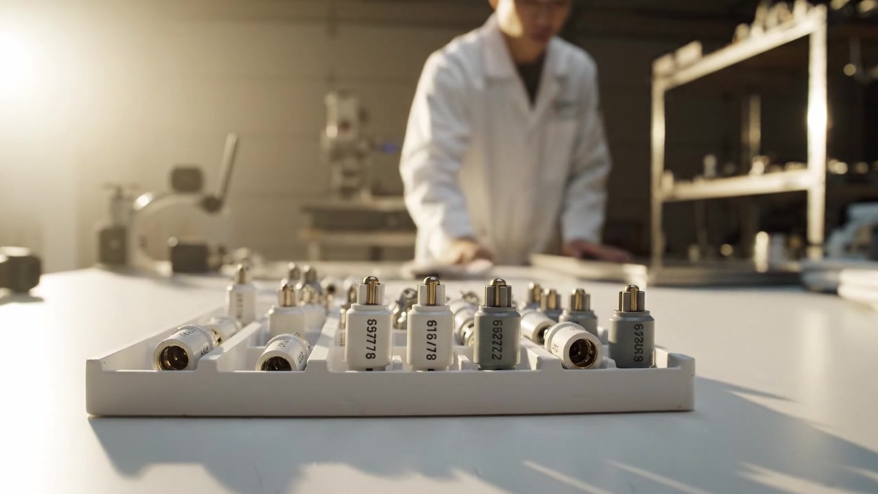 Naukowiec obserwuje precyzyjne instrumenty starannie ułożone na stole laboratoryjnym, podkreślając złożoność badań i rozwoju w nowoczesnym otoczeniu.