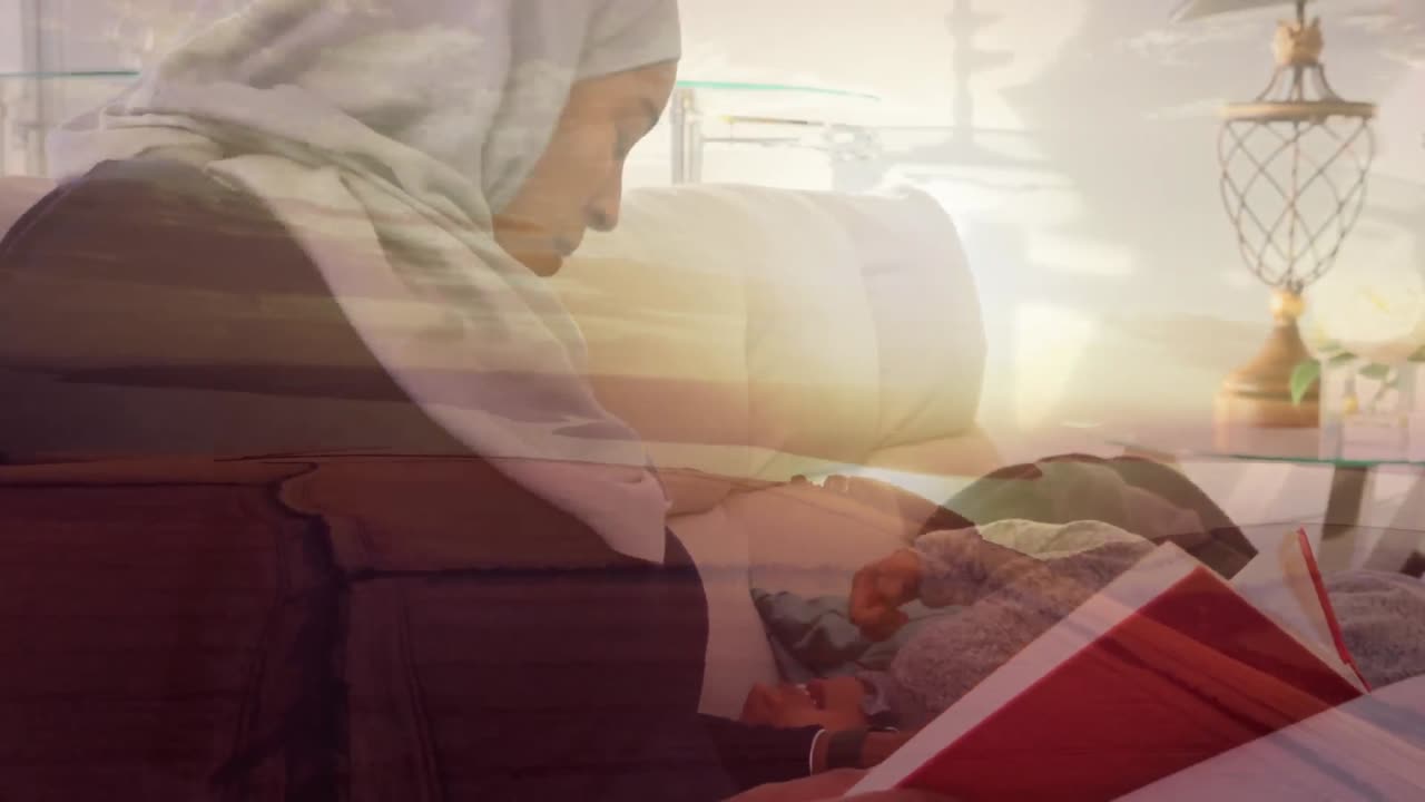 히자브 를 입은 여자 가 책 을 읽고 있는 도시 풍경