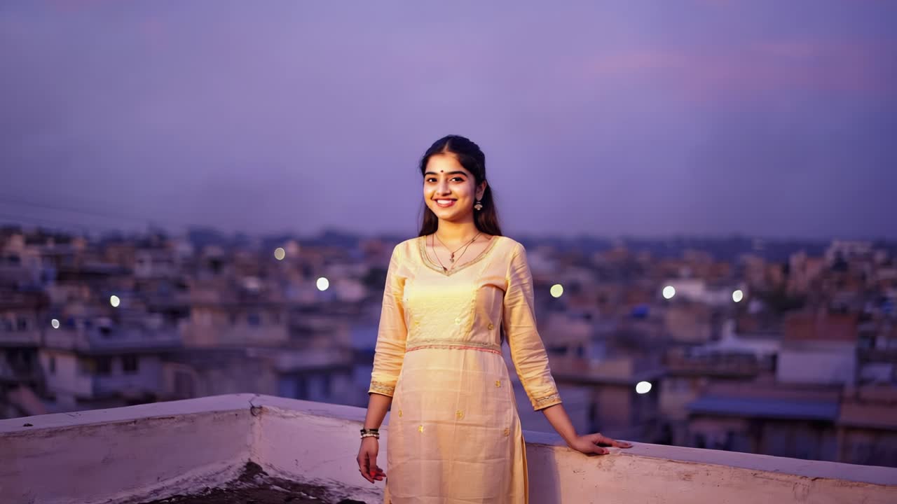Young Indian woman wearing traditional clothing is posing on a rooftop during blue hour with the cityscape of Jaipur in the background, Rajasthan, India