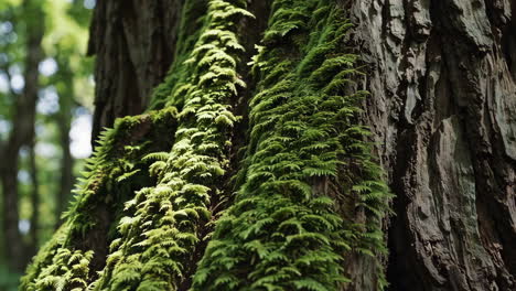 close-up of a tree trunk covered in lush green moss and ferns