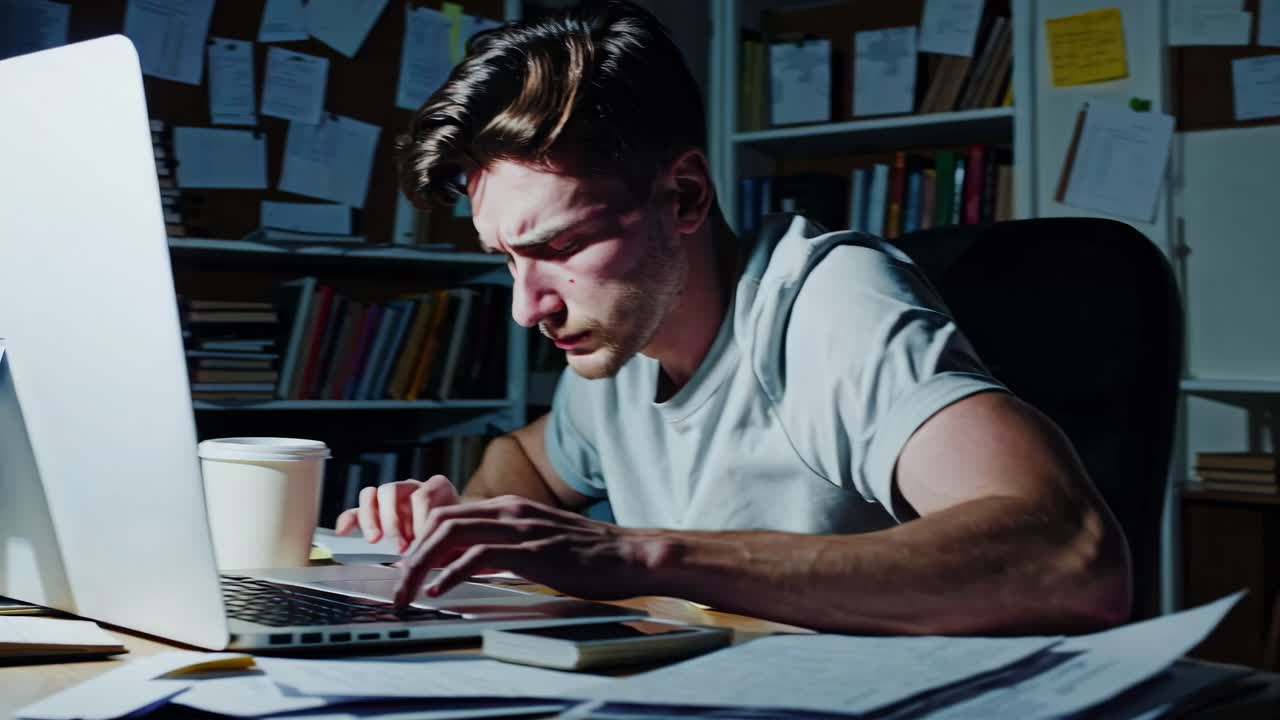 A focused man works late at a cluttered desk, illuminated by a laptop screen