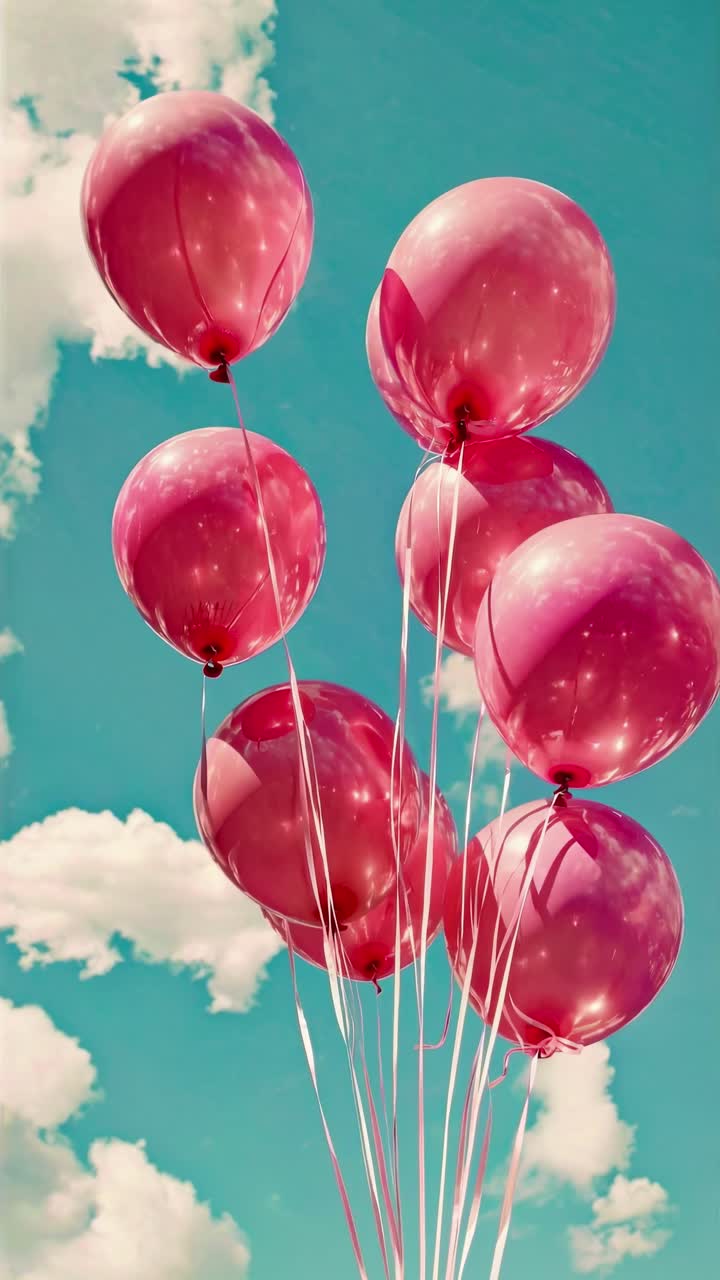 Upward angle captures red balloons against a blue sky with clouds, evoking a whimsical