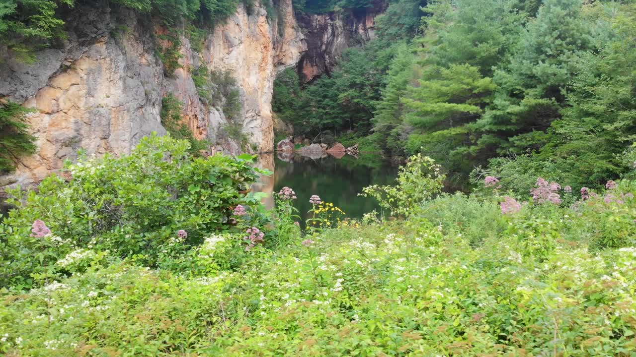 video de drones de 4k de un hermoso estanque de montaña rodeado de árboles y acantilados en el pueblo esmeralda cerca de la pequeña suiza, nc el día de verano-1