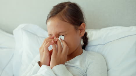 Girl-kid,-tissue-and-blowing-nose-in-home