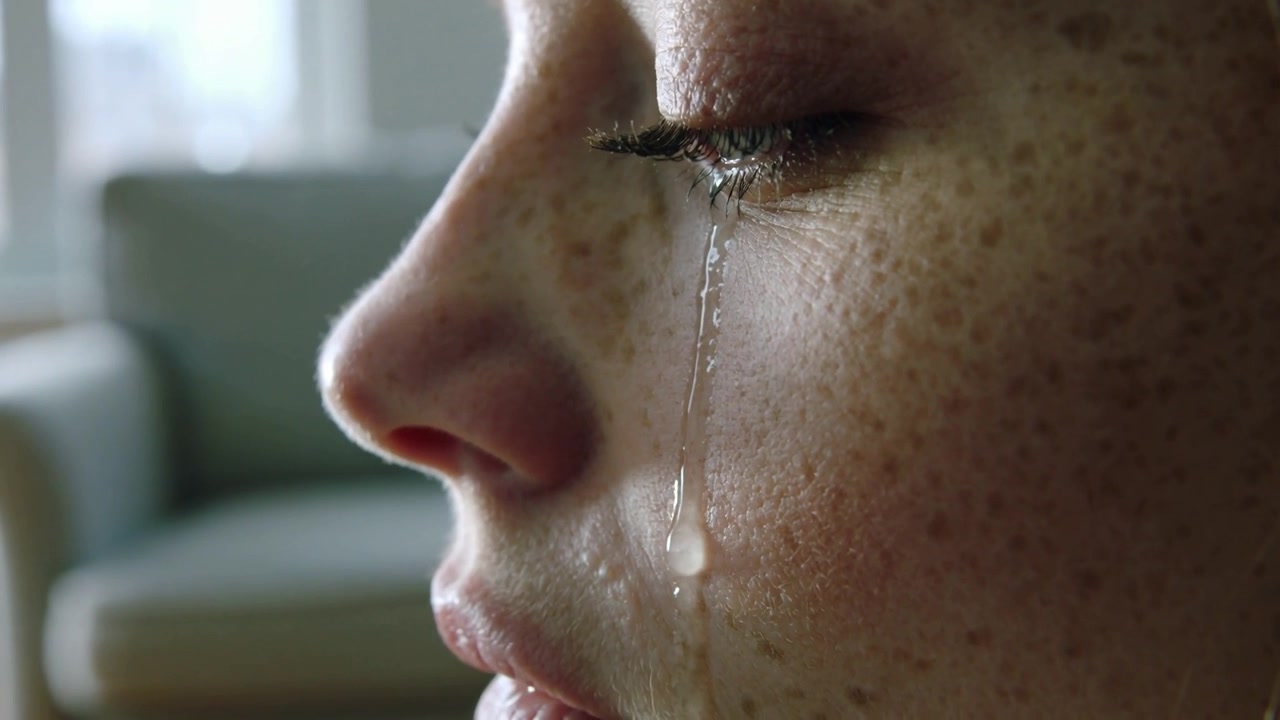 Releasing tear from freckled woman as eyelashes let go, rolling down cheek in living-room