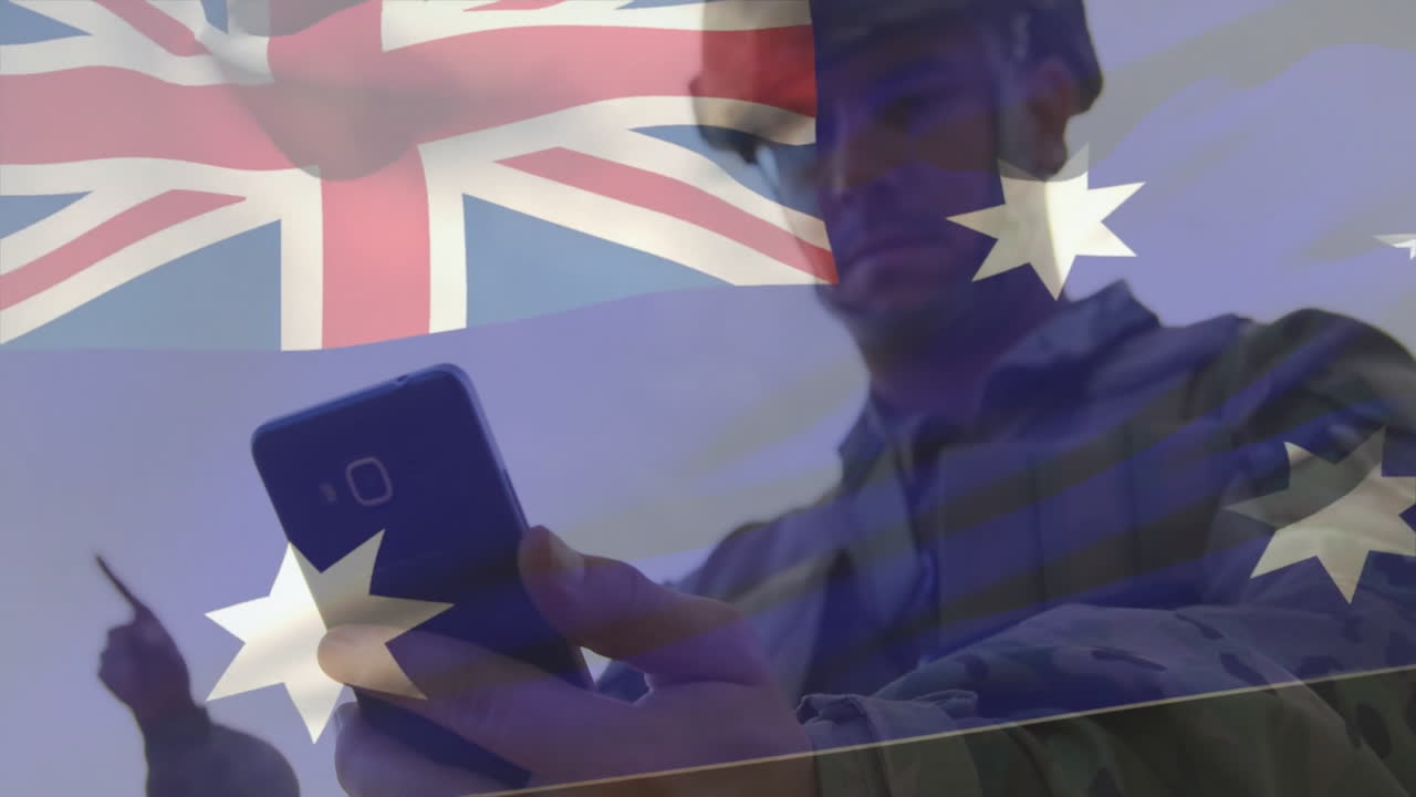 Using smartphone, soldier with Australian flag animation overlay in background